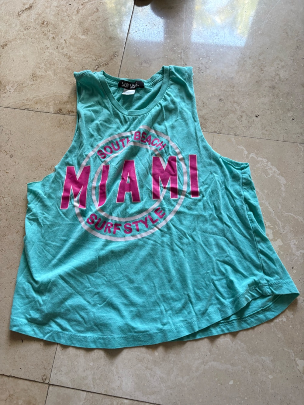 surf style Teal Aqua Miami Graphic Tank with Pink Print